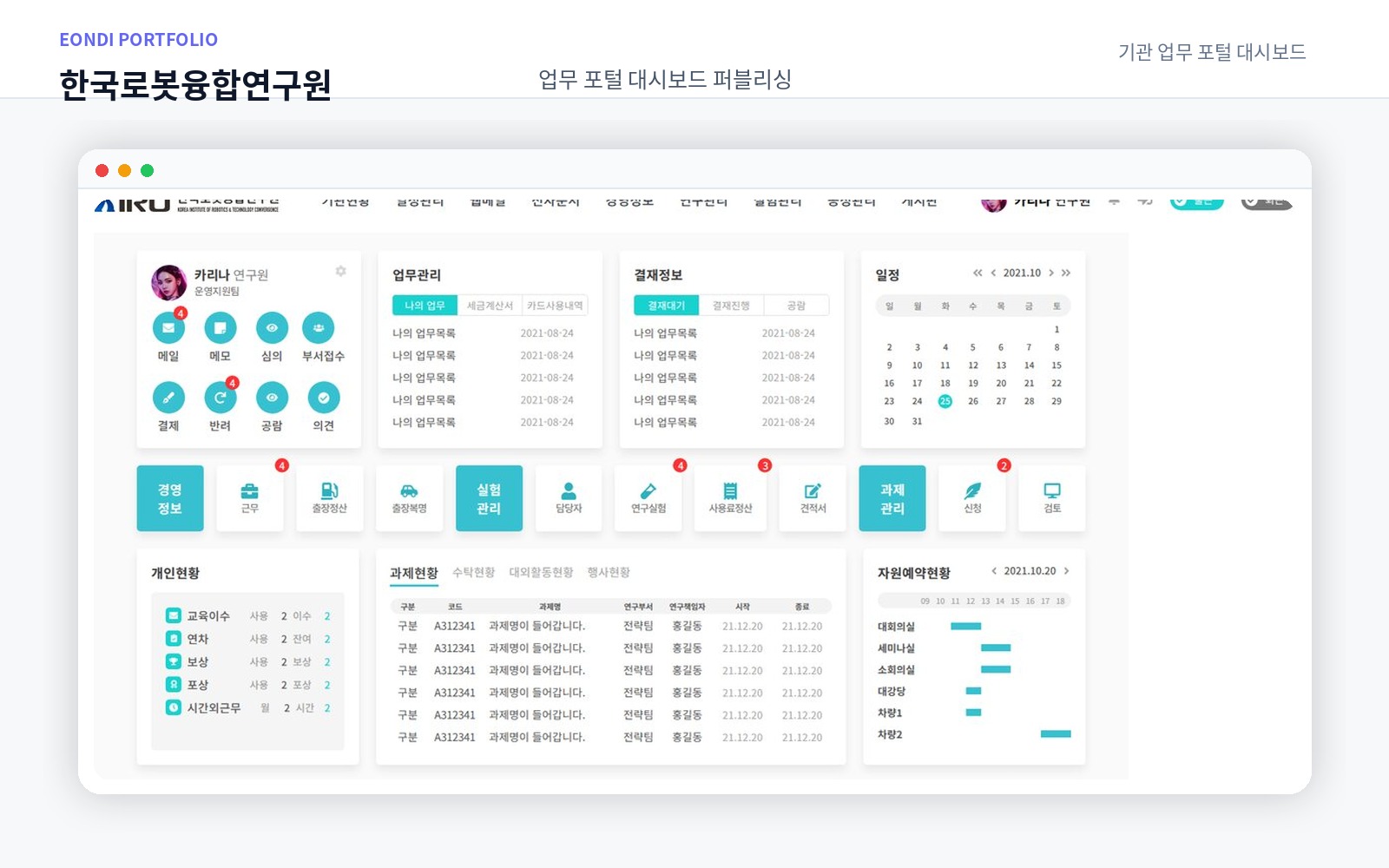 한국로봇융합연구원 — 업무 포털 대시보드 퍼블리싱 화면