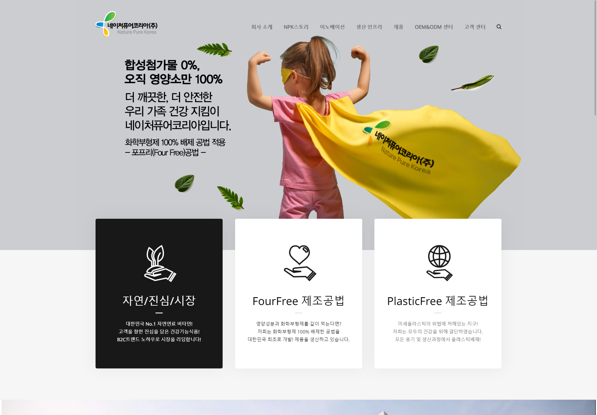 네이처퓨어코리아 — 워드프레스 기업 홈페이지 화면